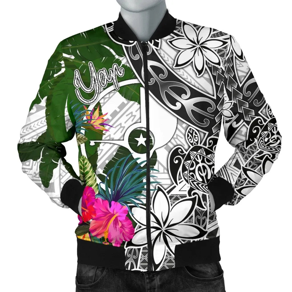 Yap Bomber Jacket White - Turtle Plumeria Banana Leaf