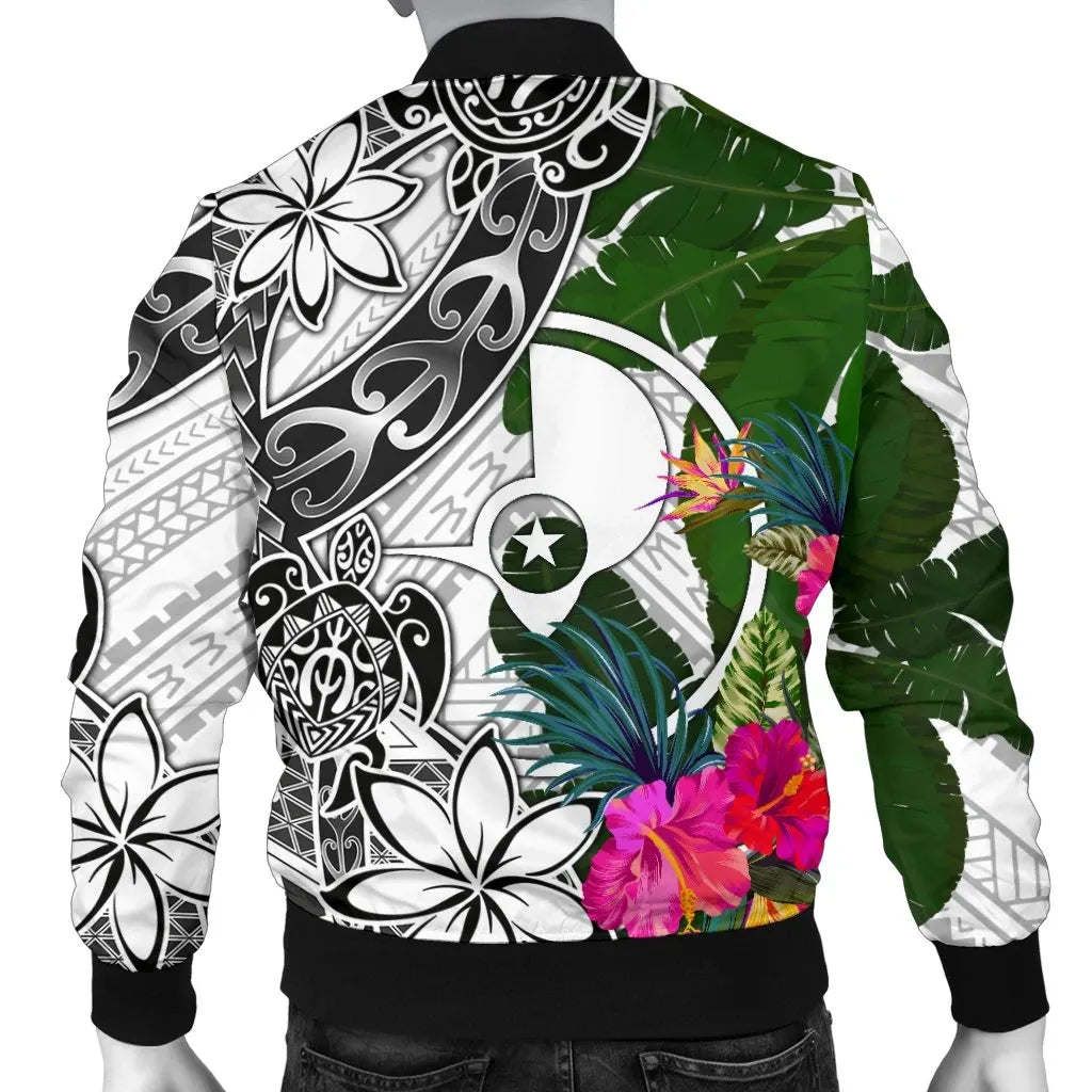 Yap Bomber Jacket White - Turtle Plumeria Banana Leaf