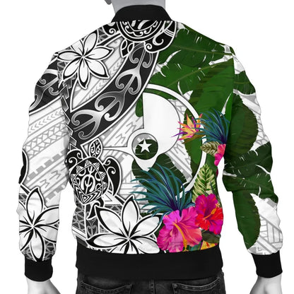 Yap Bomber Jacket White - Turtle Plumeria Banana Leaf