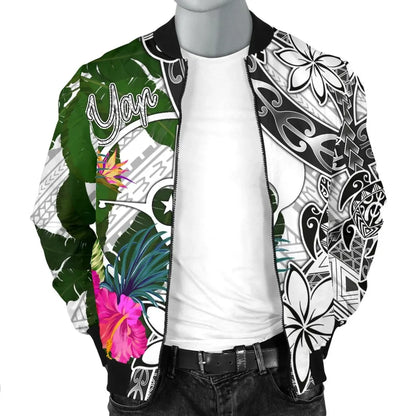 Yap Bomber Jacket White - Turtle Plumeria Banana Leaf