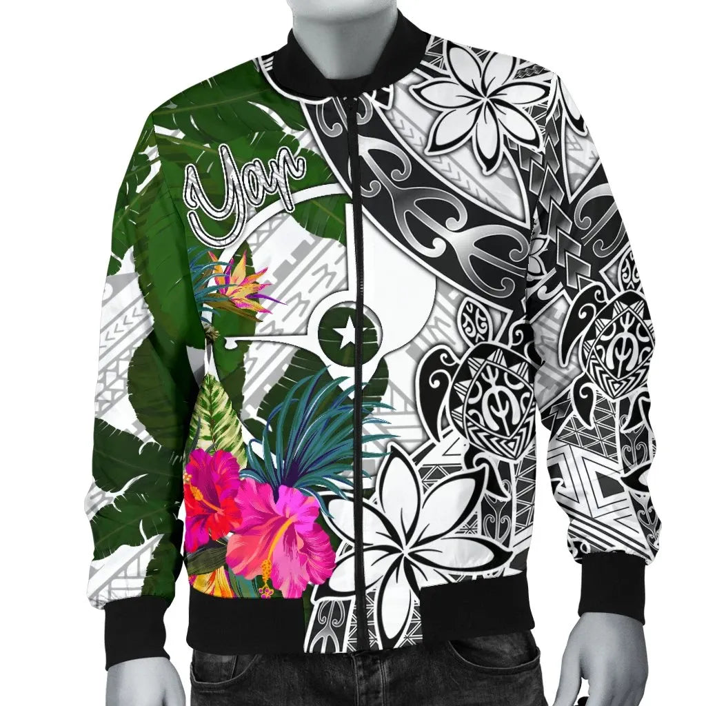 Yap Bomber Jacket White - Turtle Plumeria Banana Leaf