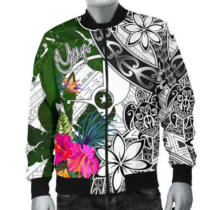 Yap Bomber Jacket White - Turtle Plumeria Banana Leaf