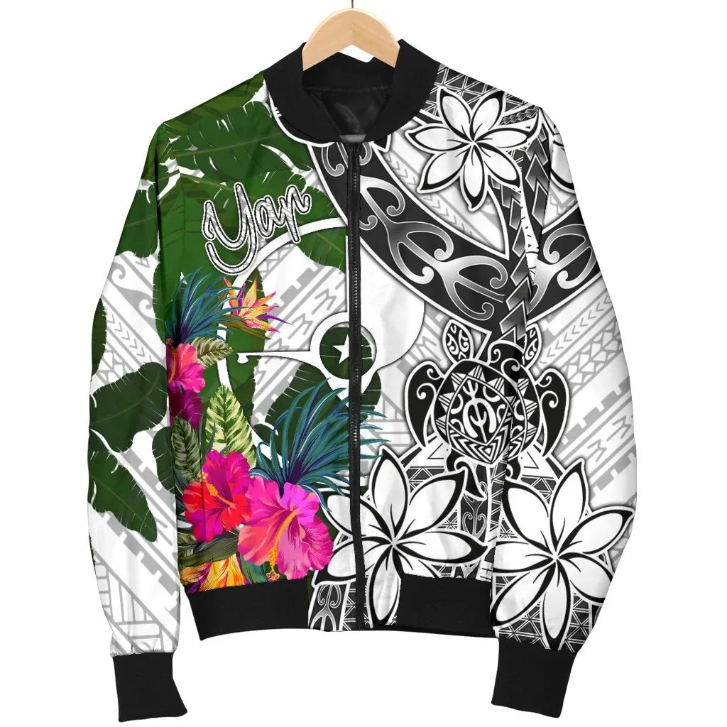 Yap Bomber Jacket White - Turtle Plumeria Banana Leaf