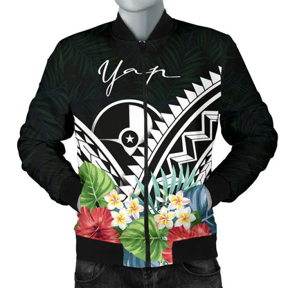 Yap Bomber Jacket - Yap Coat of Arms & Polynesian Tropical Flowers White