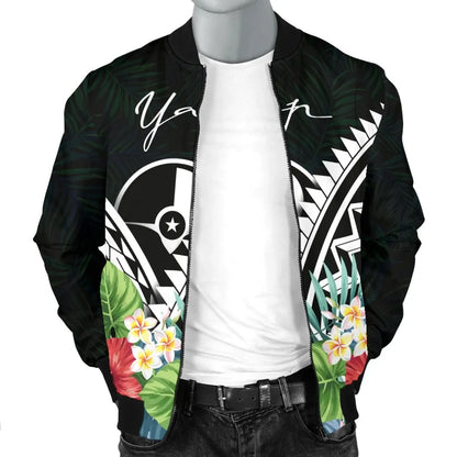 Yap Bomber Jacket - Yap Coat of Arms & Polynesian Tropical Flowers White