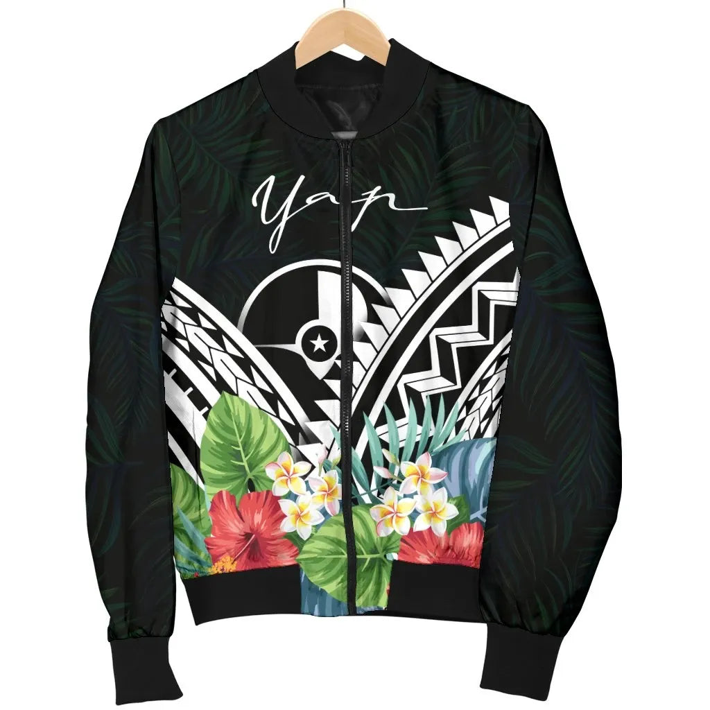 Yap Bomber Jacket - Yap Coat of Arms & Polynesian Tropical Flowers White