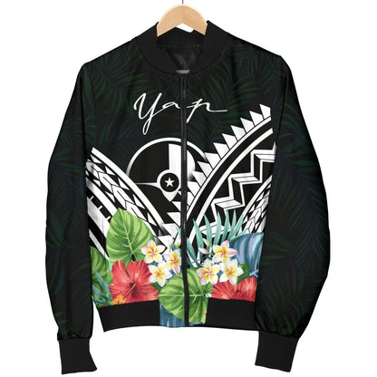 Yap Bomber Jacket - Yap Coat of Arms & Polynesian Tropical Flowers White