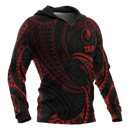 Yap Micronesia ll Over Hoodie - Red Tribal Wave
