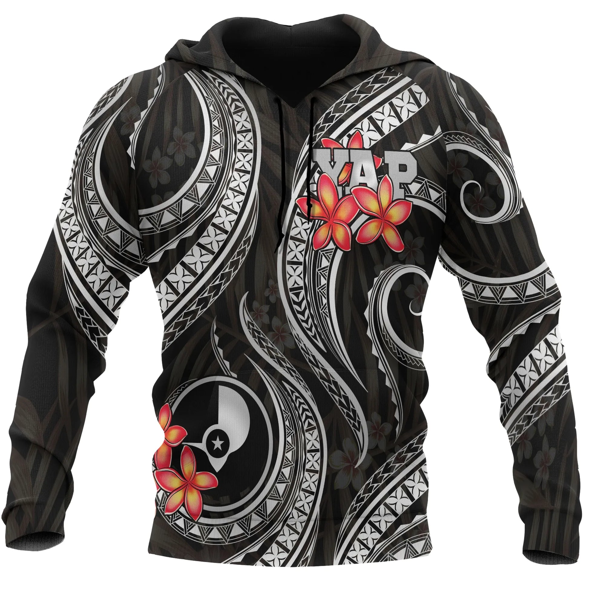 Yap Micronesian Hoodie - Black Plumeria