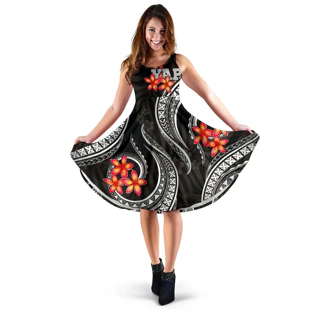 Yap Micronesian Midi Dress - Black Plumeria
