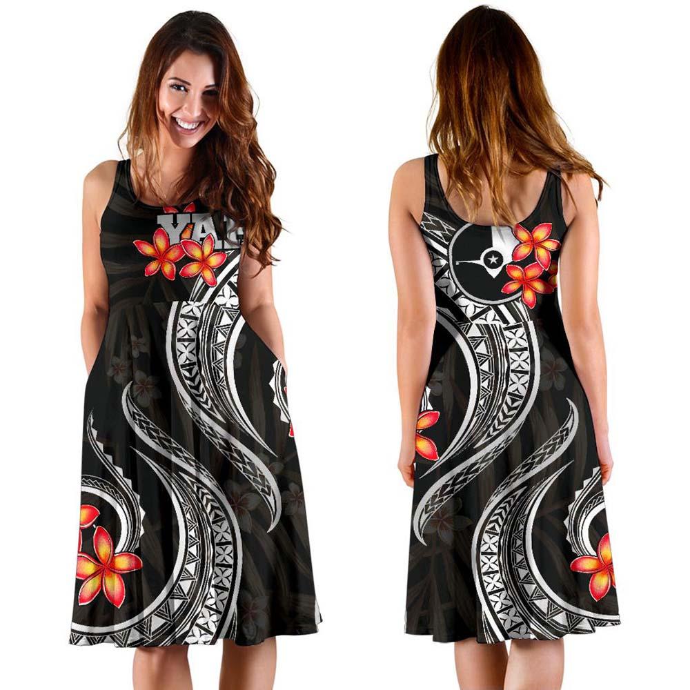 Yap Micronesian Midi Dress - Black Plumeria