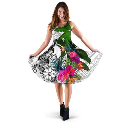 Yap Midi Dress White - Turtle Plumeria Banana Leaf