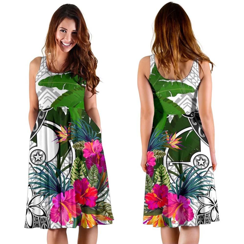 Yap Midi Dress White - Turtle Plumeria Banana Leaf
