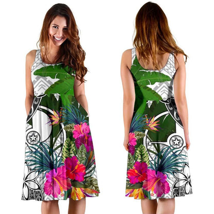 Yap Midi Dress White - Turtle Plumeria Banana Leaf