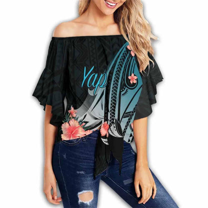 Yap Off Shoulder Wrap Waist Top - Turquoise Polynesian Hibiscus Pattern Style