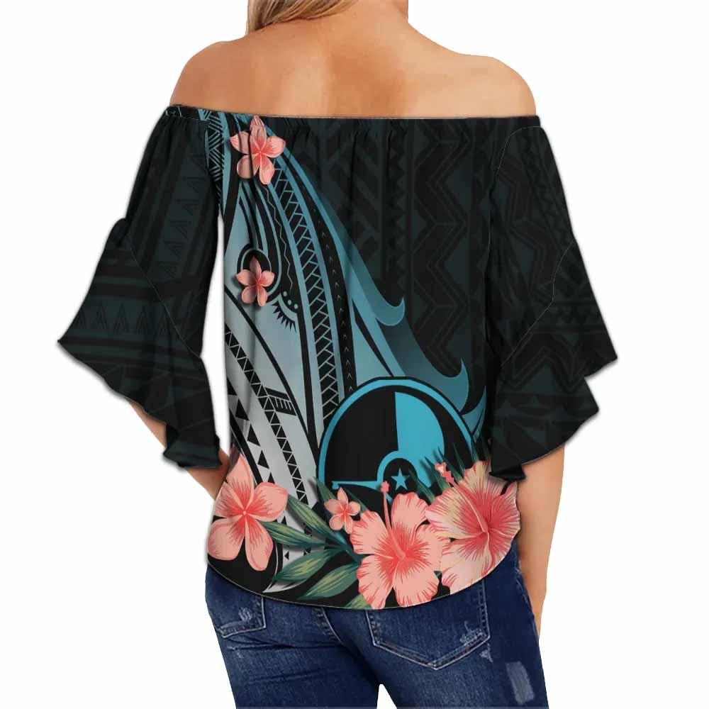 Yap Off Shoulder Wrap Waist Top - Turquoise Polynesian Hibiscus Pattern Style