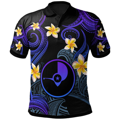 Yap Polo Shirt - Custom Personalised Polynesian Waves with Plumeria Flowers (Blue)