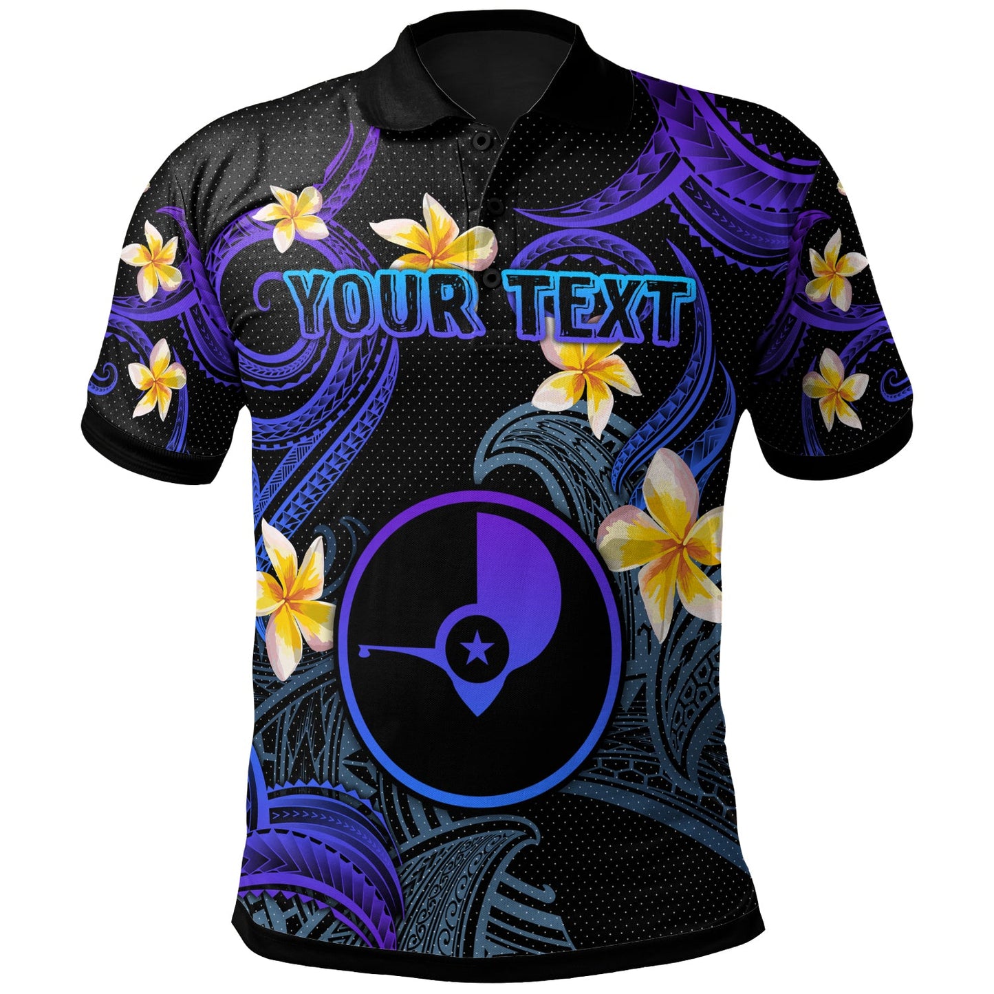 Yap Polo Shirt - Custom Personalised Polynesian Waves with Plumeria Flowers (Blue)