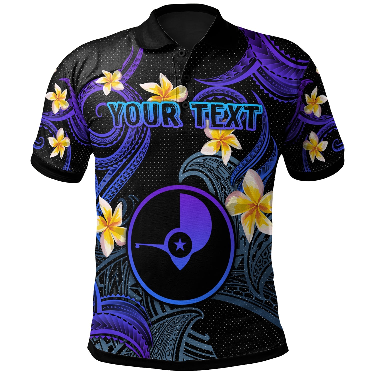 Yap Polo Shirt - Custom Personalised Polynesian Waves with Plumeria Flowers (Blue)