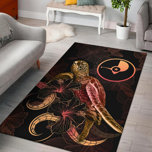 Yap Polynesian Area Rugs - Turtle With Blooming Hibiscus Gold