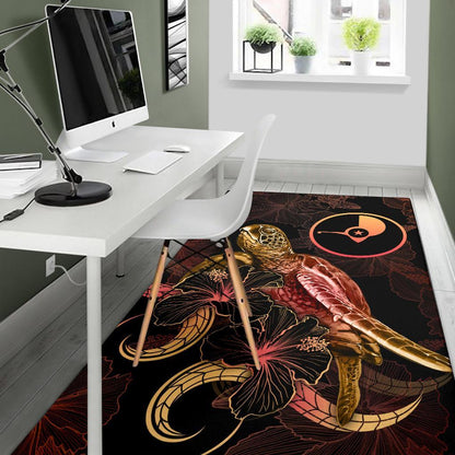 Yap Polynesian Area Rugs - Turtle With Blooming Hibiscus Gold