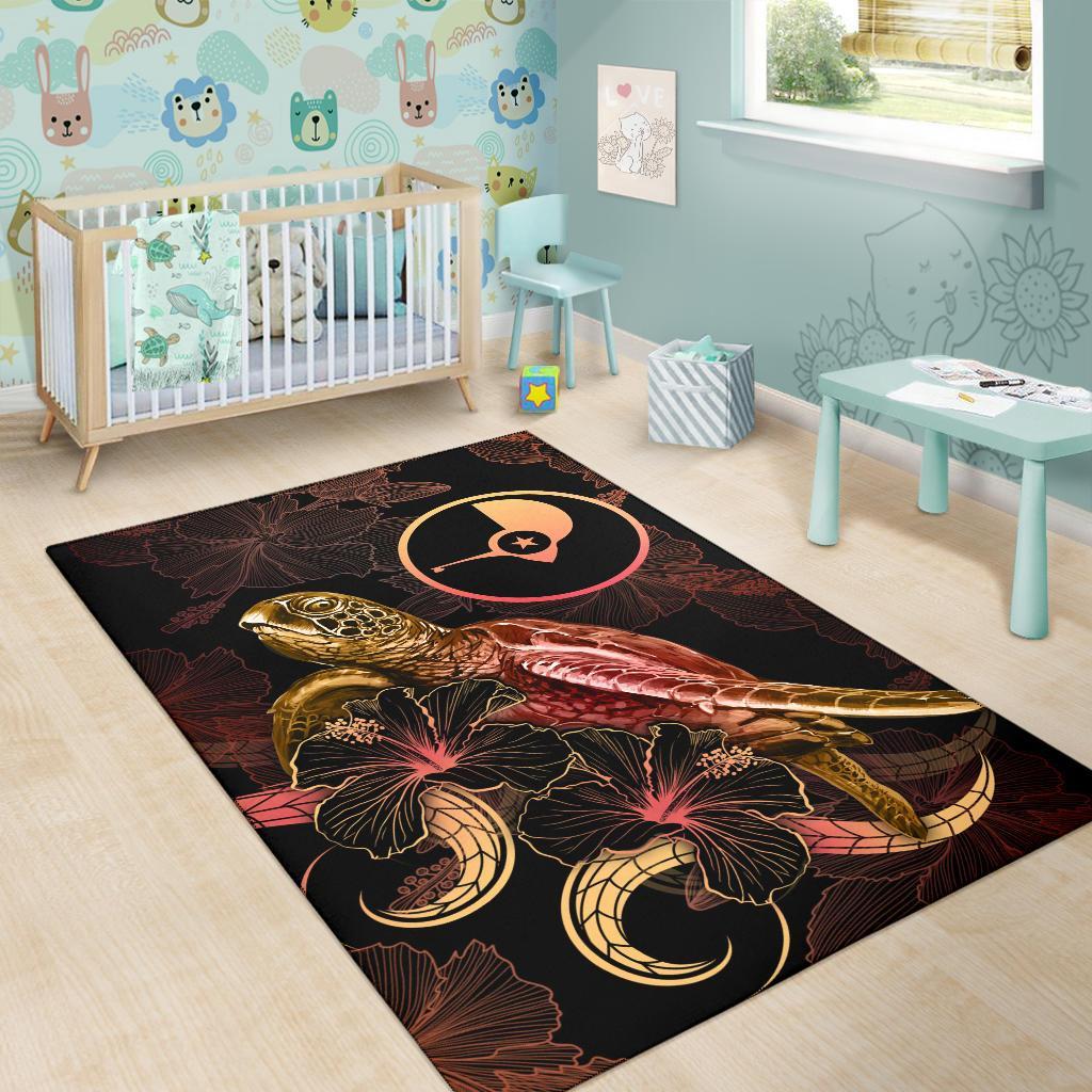 Yap Polynesian Area Rugs - Turtle With Blooming Hibiscus Gold