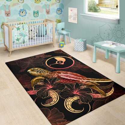 Yap Polynesian Area Rugs - Turtle With Blooming Hibiscus Gold