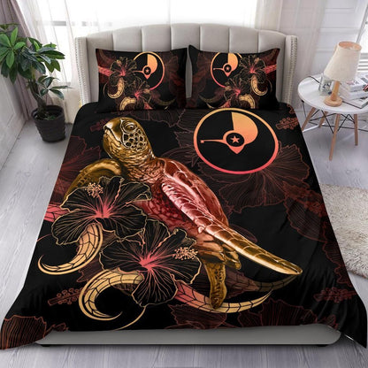 Yap Polynesian Bedding Set - Turtle With Blooming Hibiscus Gold