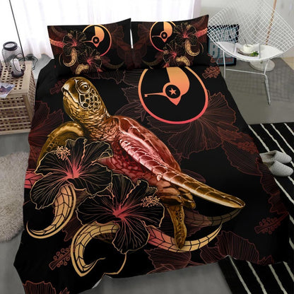 Yap Polynesian Bedding Set - Turtle With Blooming Hibiscus Gold