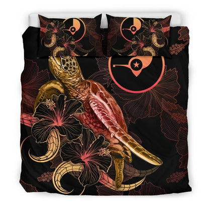 Yap Polynesian Bedding Set - Turtle With Blooming Hibiscus Gold