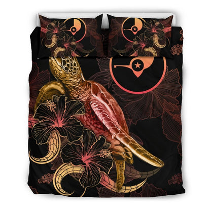 Yap Polynesian Bedding Set - Turtle With Blooming Hibiscus Gold