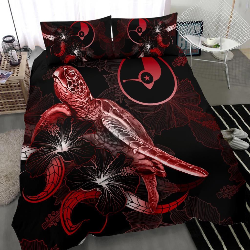Yap Polynesian Bedding Set - Turtle With Blooming Hibiscus Red