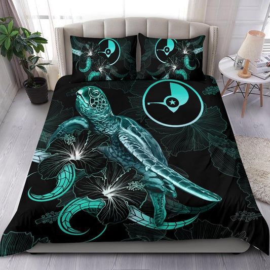 Yap Polynesian Bedding Set - Turtle With Blooming Hibiscus Turquoise