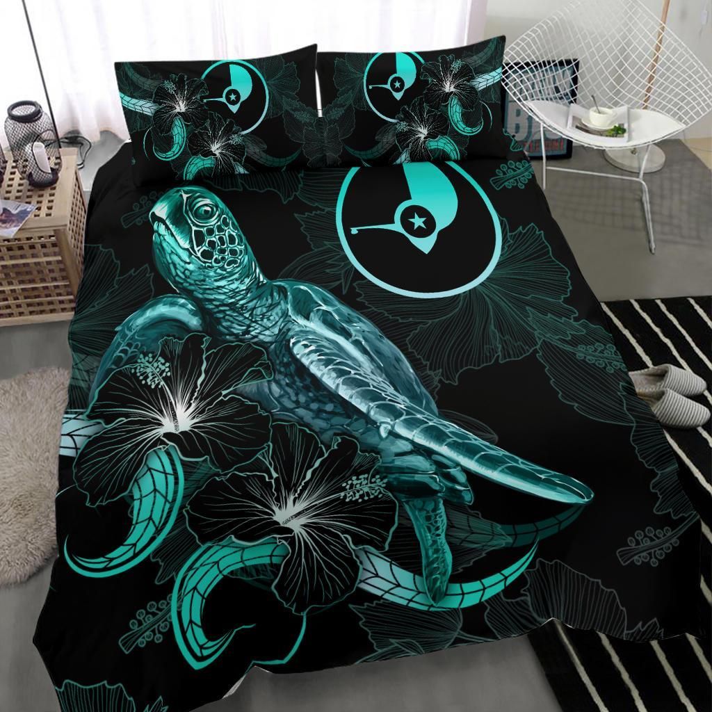 Yap Polynesian Bedding Set - Turtle With Blooming Hibiscus Turquoise