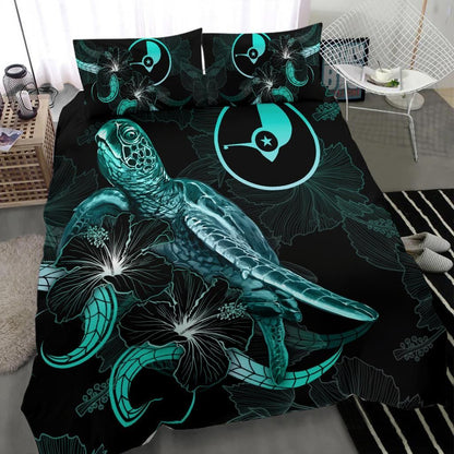 Yap Polynesian Bedding Set - Turtle With Blooming Hibiscus Turquoise