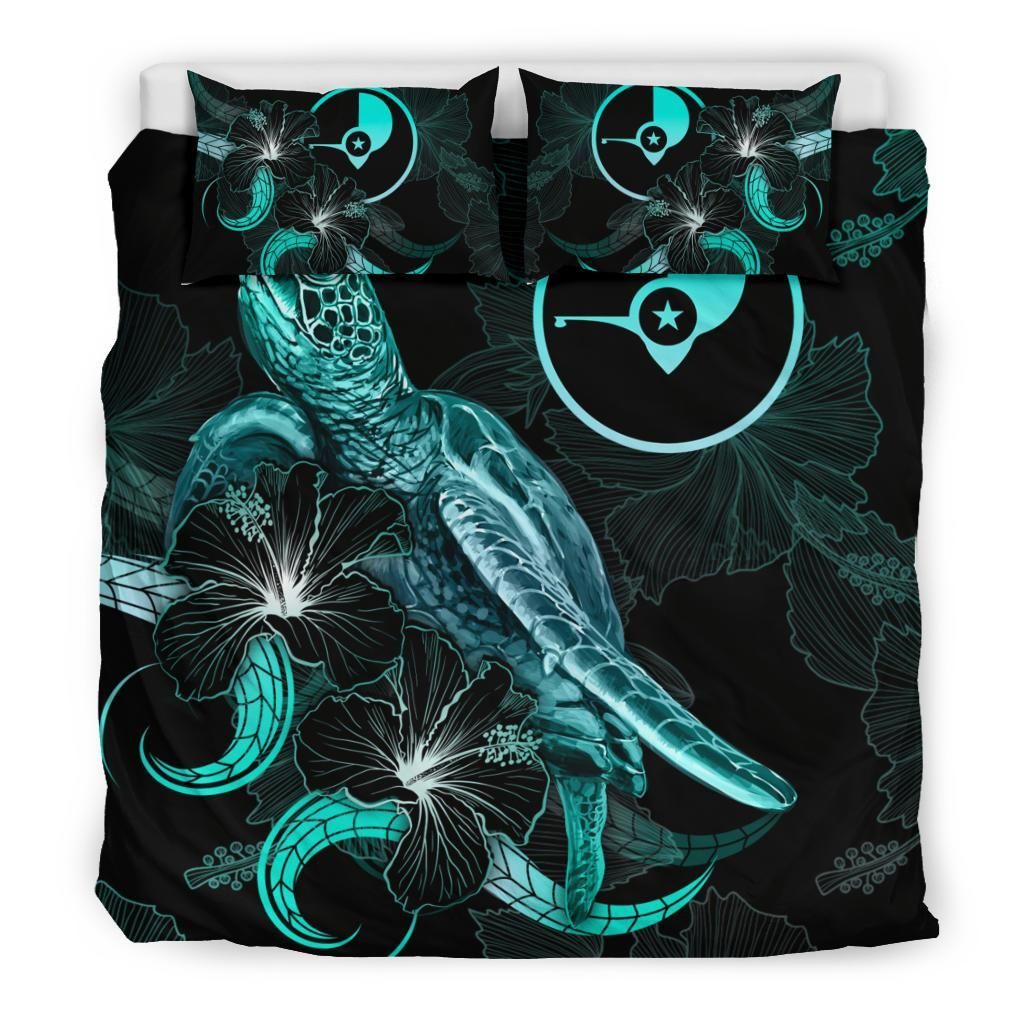 Yap Polynesian Bedding Set - Turtle With Blooming Hibiscus Turquoise