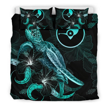 Yap Polynesian Bedding Set - Turtle With Blooming Hibiscus Turquoise