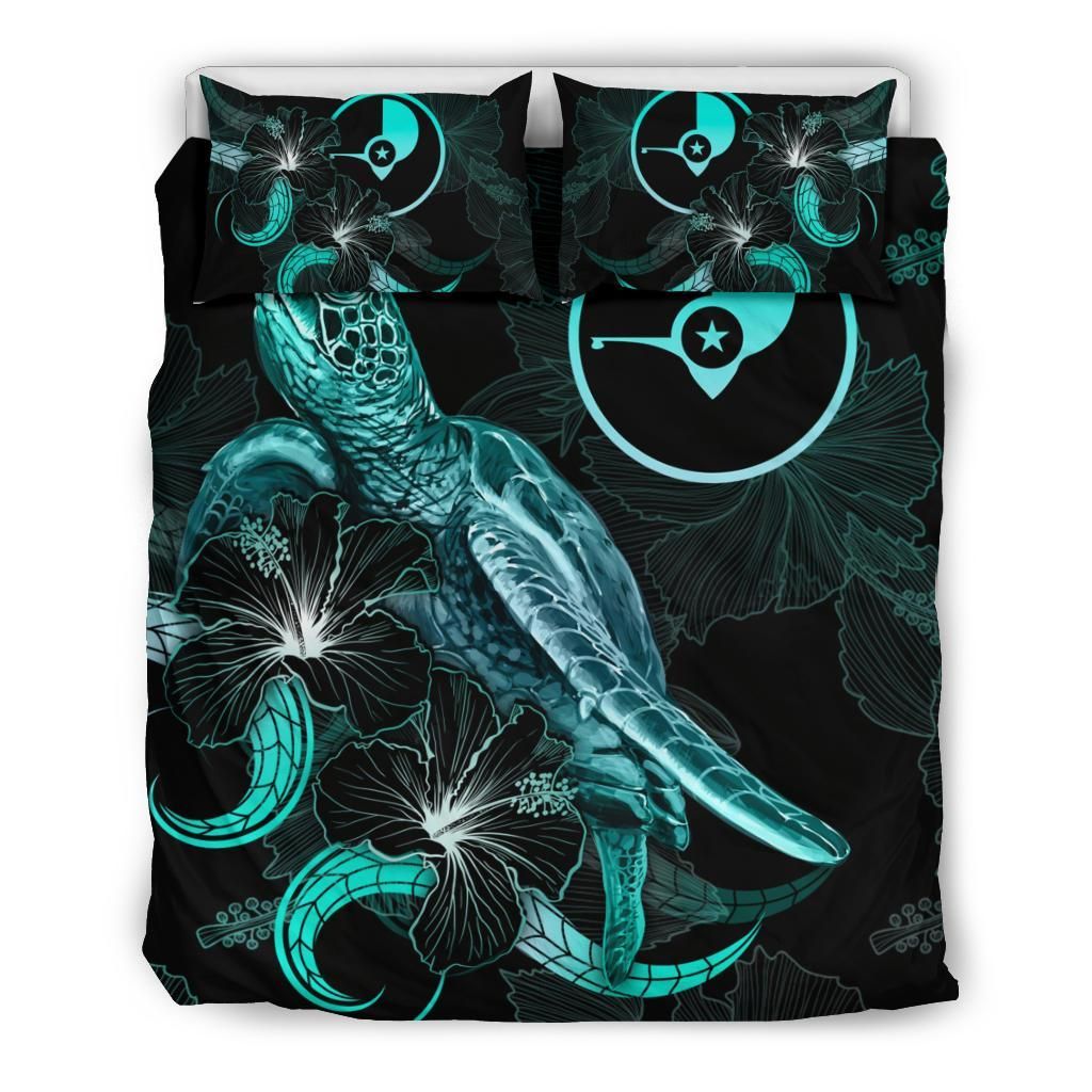 Yap Polynesian Bedding Set - Turtle With Blooming Hibiscus Turquoise