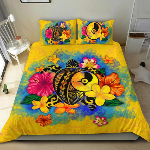 Yap Polynesian Bedding Set - Turtle With Plumeria And Hibiscus