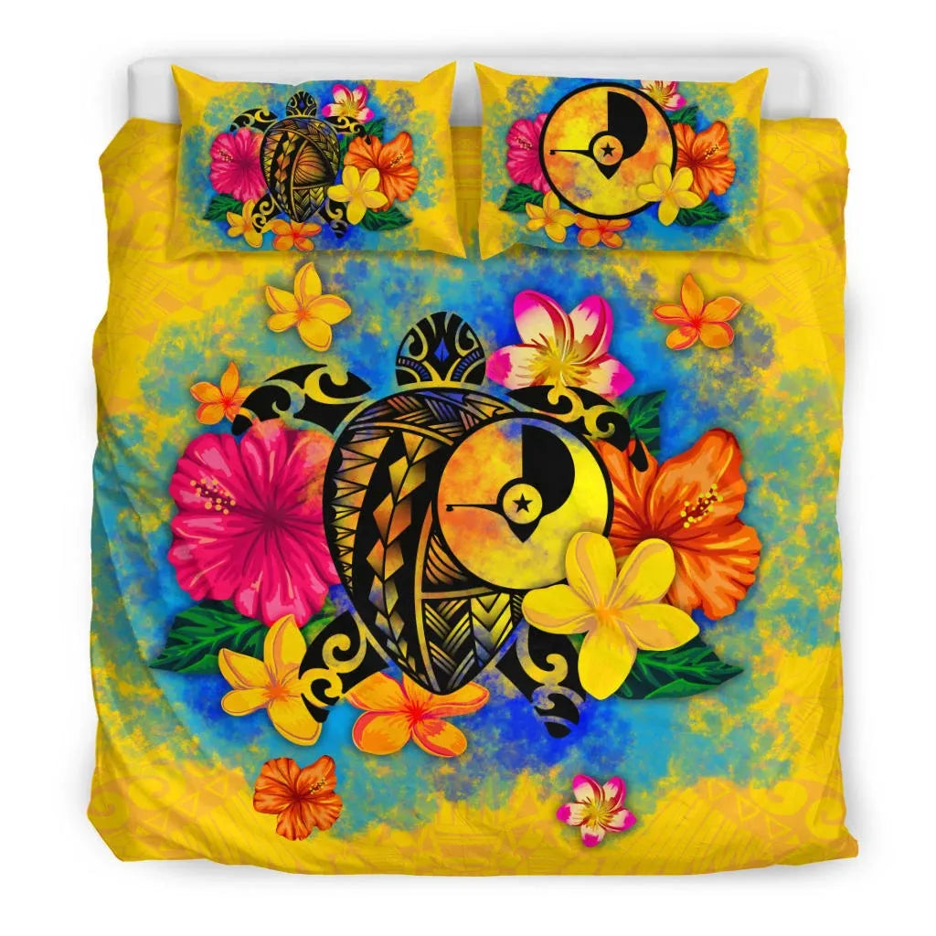 Yap Polynesian Bedding Set - Turtle With Plumeria And Hibiscus