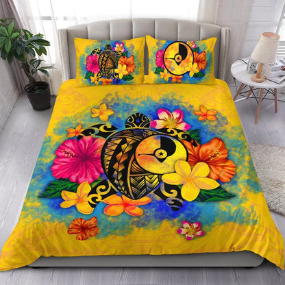 Yap Polynesian Bedding Set - Turtle With Plumeria And Hibiscus