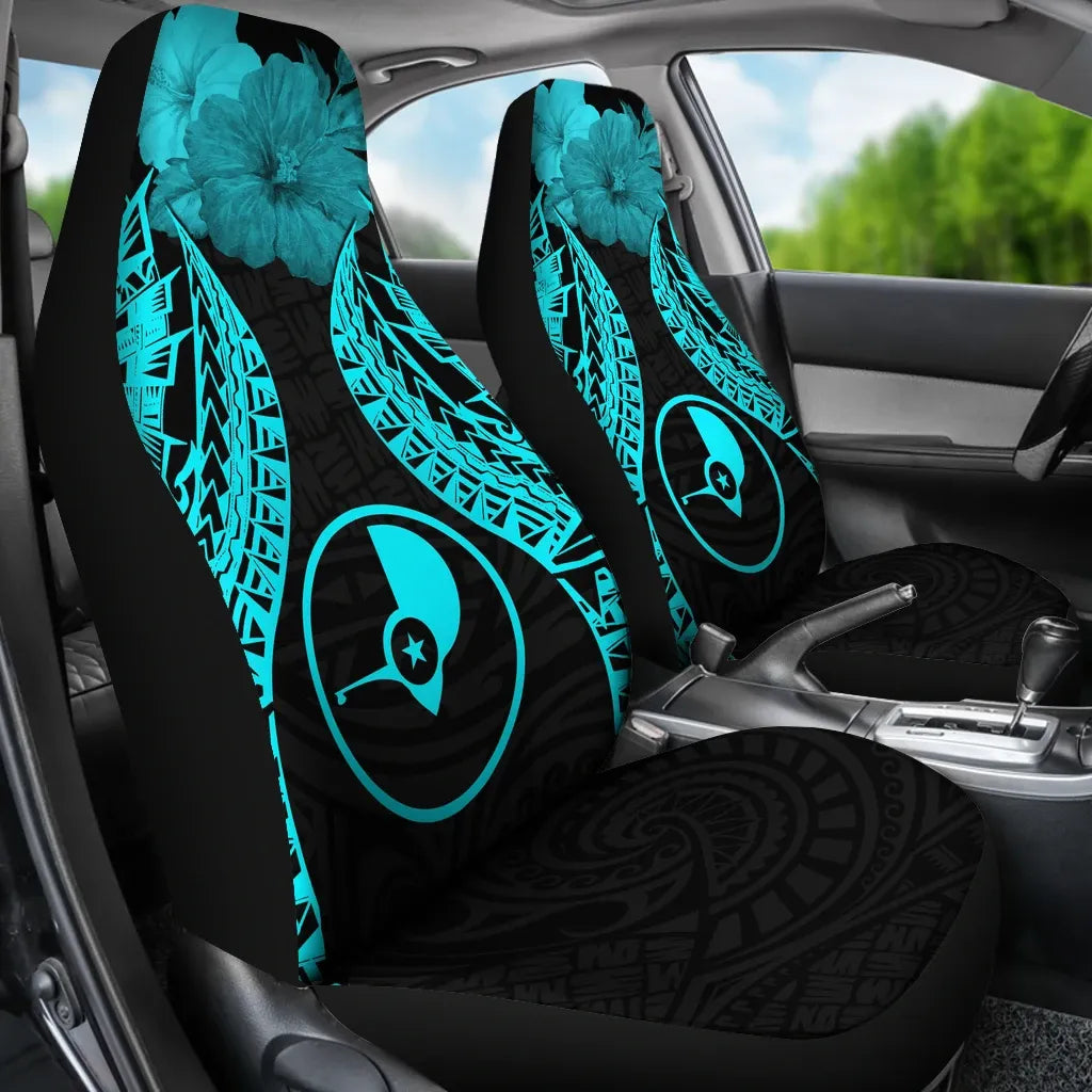 Yap Polynesian Car Seat Covers Pride Seal And Hibiscus Neon Blue