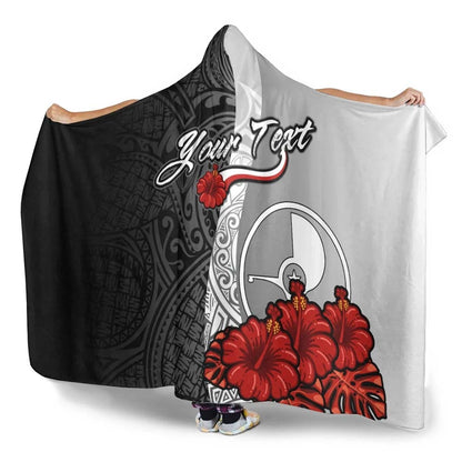 Yap Polynesian Custom Personalised Hooded Blanket- Coat Of Arm With Hibiscus White