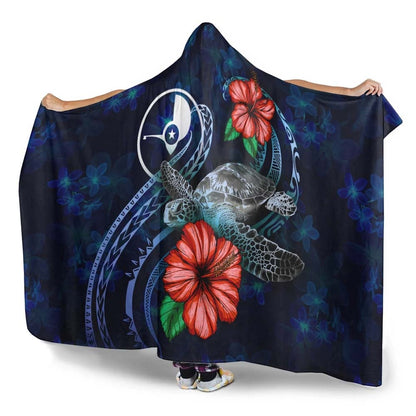 Yap Polynesian Hooded Blanket - Blue Turtle Hibiscus