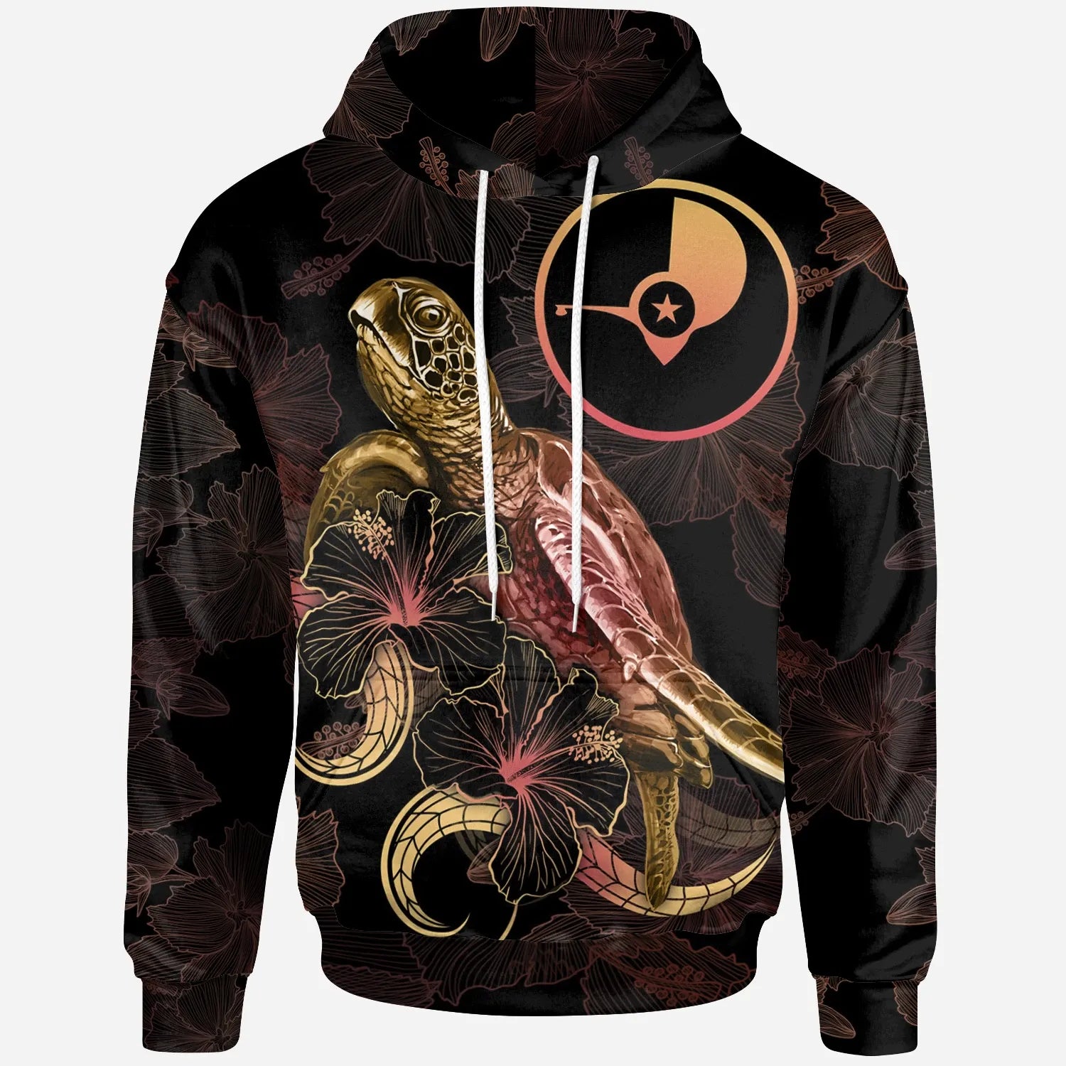 Yap Polynesian Hoodie - Turtle With Blooming Hibiscus Gold