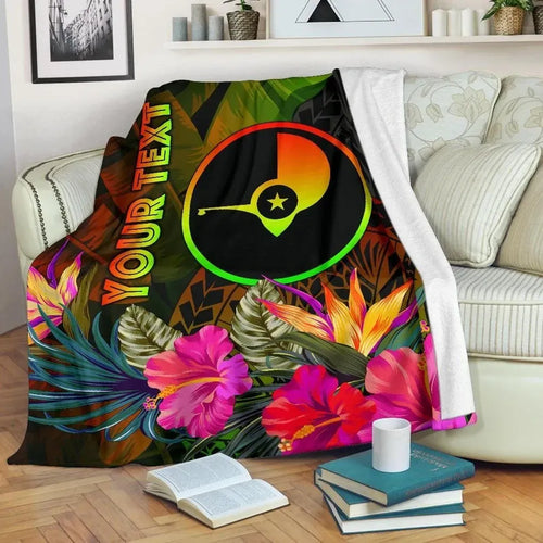 Yap Polynesian Personalised Premium Blanket -  Hibiscus and Banana Leaves