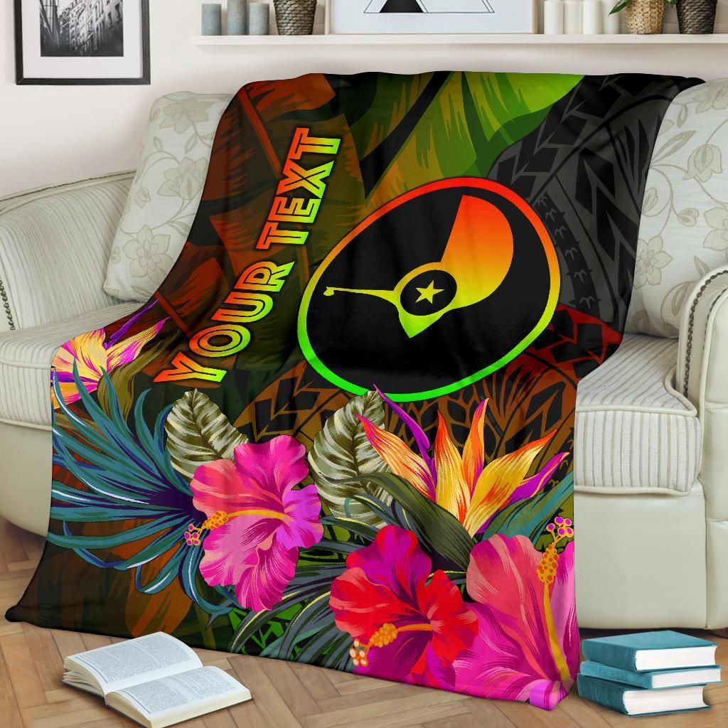 Yap Polynesian Personalised Premium Blanket -  Hibiscus and Banana Leaves