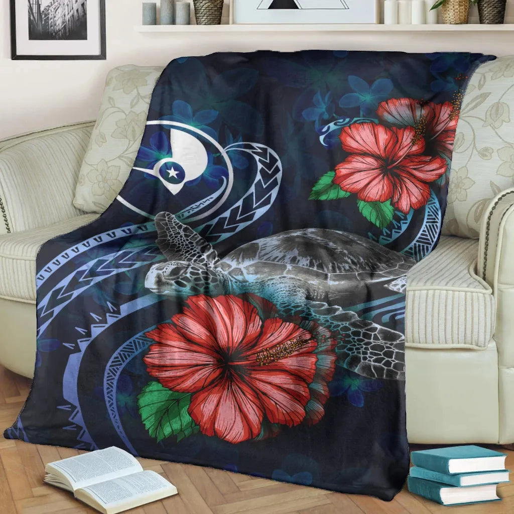 Yap Polynesian Premium Blanket - Blue Turtle Hibiscus