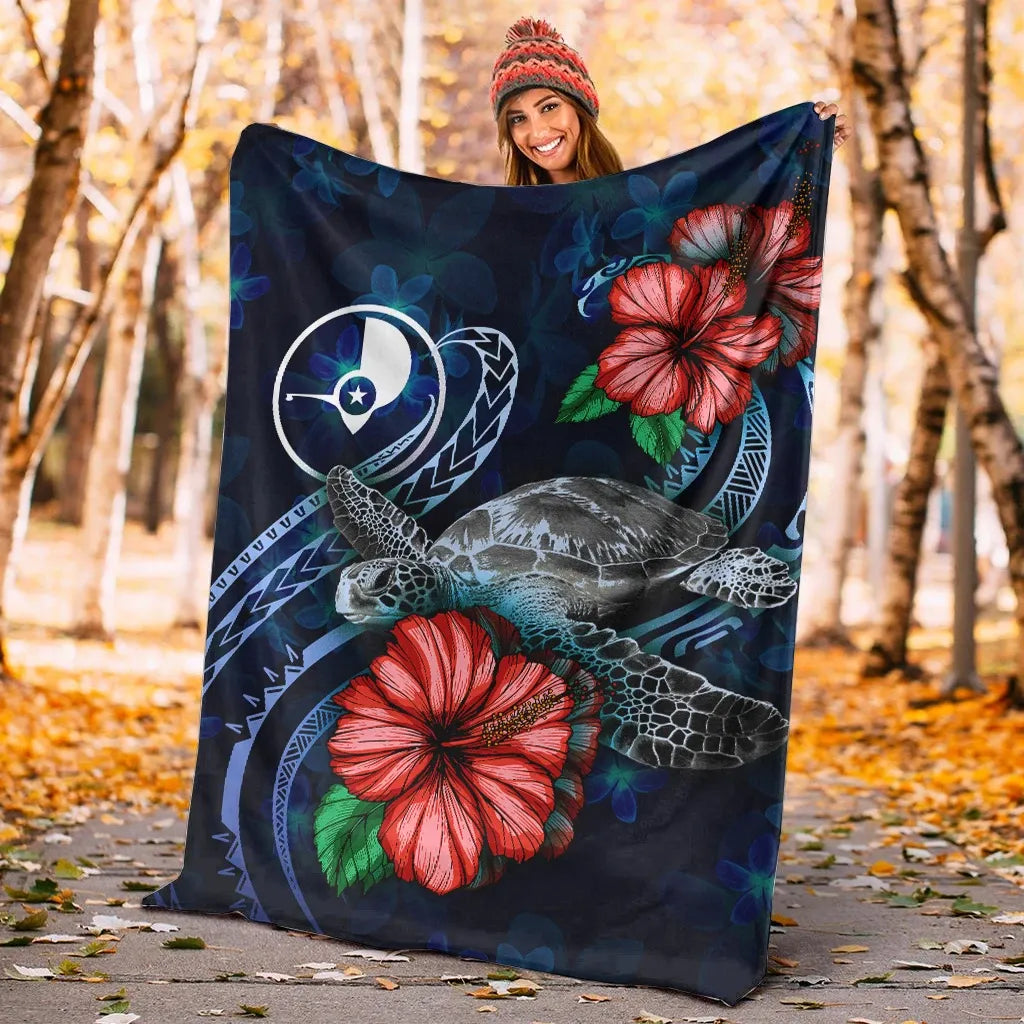 Yap Polynesian Premium Blanket - Blue Turtle Hibiscus