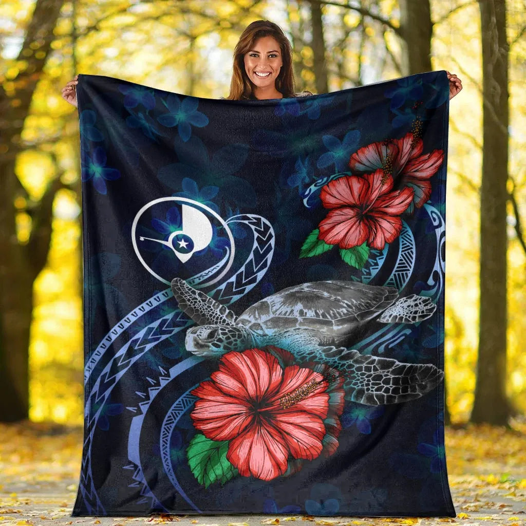 Yap Polynesian Premium Blanket - Blue Turtle Hibiscus